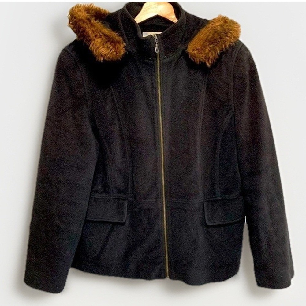 Retro 00's L.L. Bean Wool Blend Hooded Coat Petite XL Black Faux Fur Cabincore